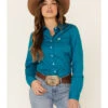 Cinch Women's Teal Solid Button Front Long Sleeve Western Shirt 