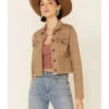 Shyanne Women's Tan Fray Hem Button-Front Crop Denim Jacket 