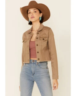 Shyanne Women's Tan Fray Hem Button-Front Crop Denim JacketÂ