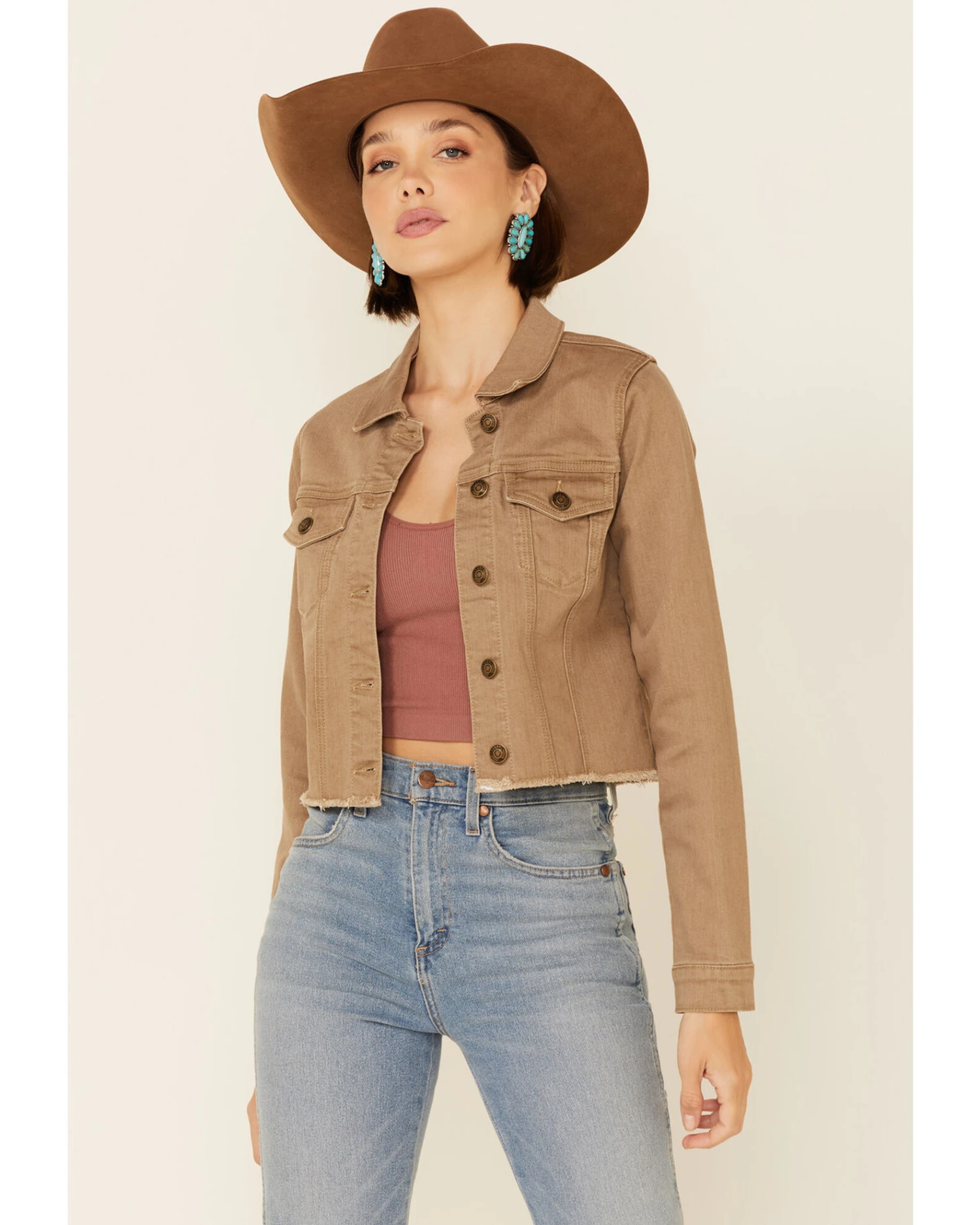 Shyanne Women's Tan Fray Hem Button-Front Crop Denim JacketÂ