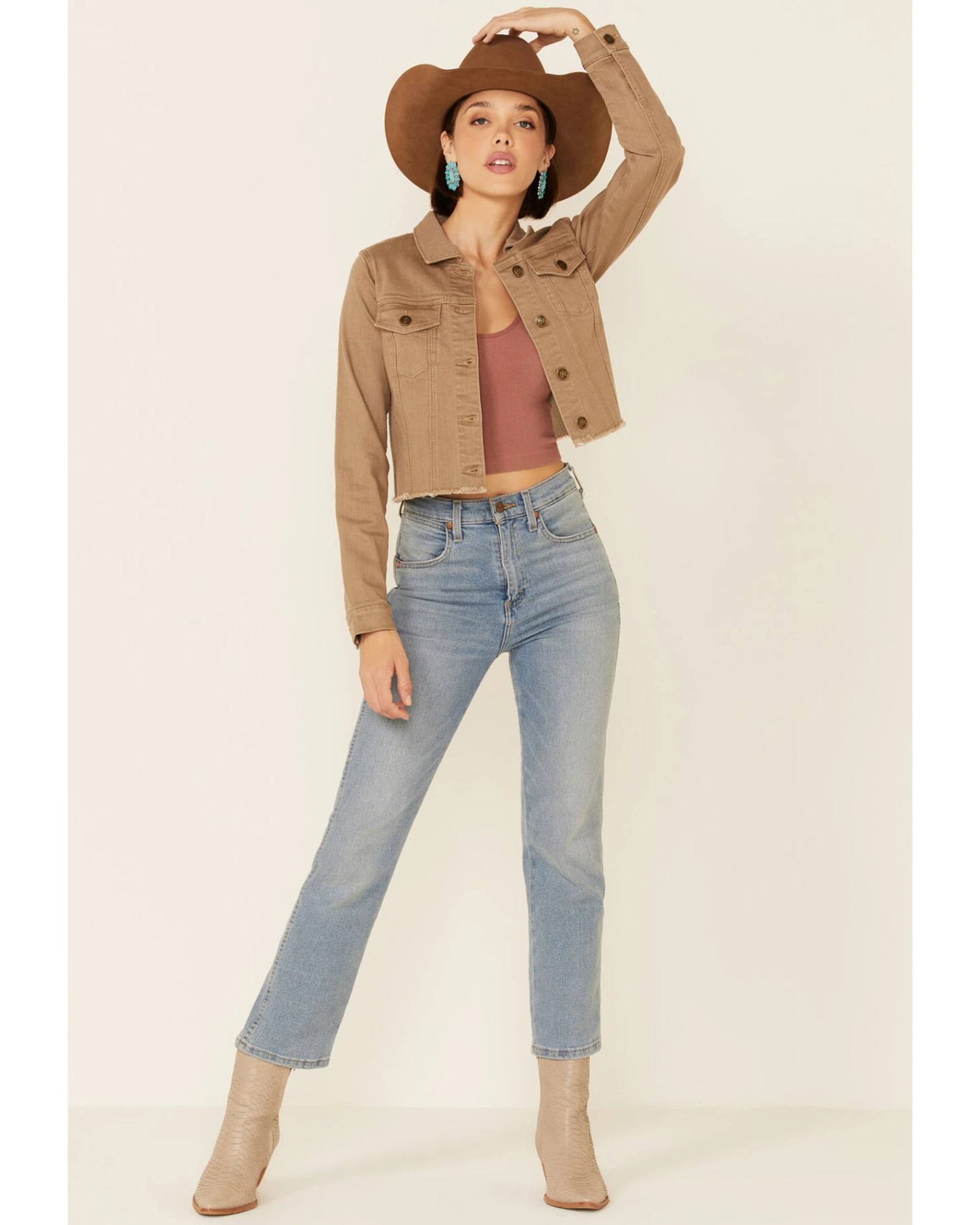 Shyanne Women's Tan Fray Hem Button-Front Crop Denim Jacket - Image 2