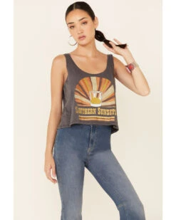 Goodie Two Sleeves Women's Charcoal Southern Sunsets Graphic Crop Tank Top