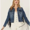 Idyllwind Women's Bisbee Wash Studs Fringe Denim Trucker Jacket
