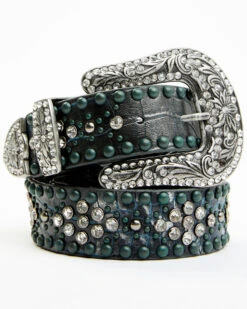 Shyanne Women's Silver Distressed Croc Turquoise & Rhinestone Bling Belt