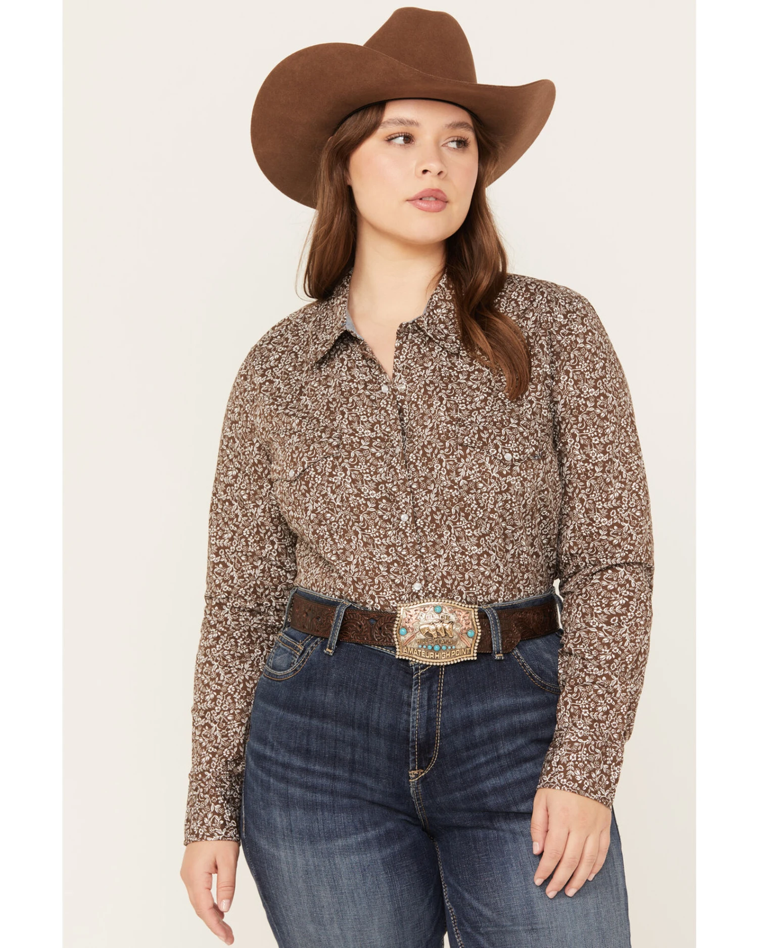 Roper Women's Floral Print Long Sleeve Pearl Snap Western Shirt - Plus