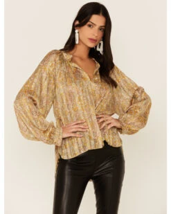 Revel Women's Paisley Print Long Sleeve Woven Chiffon Peasant Top