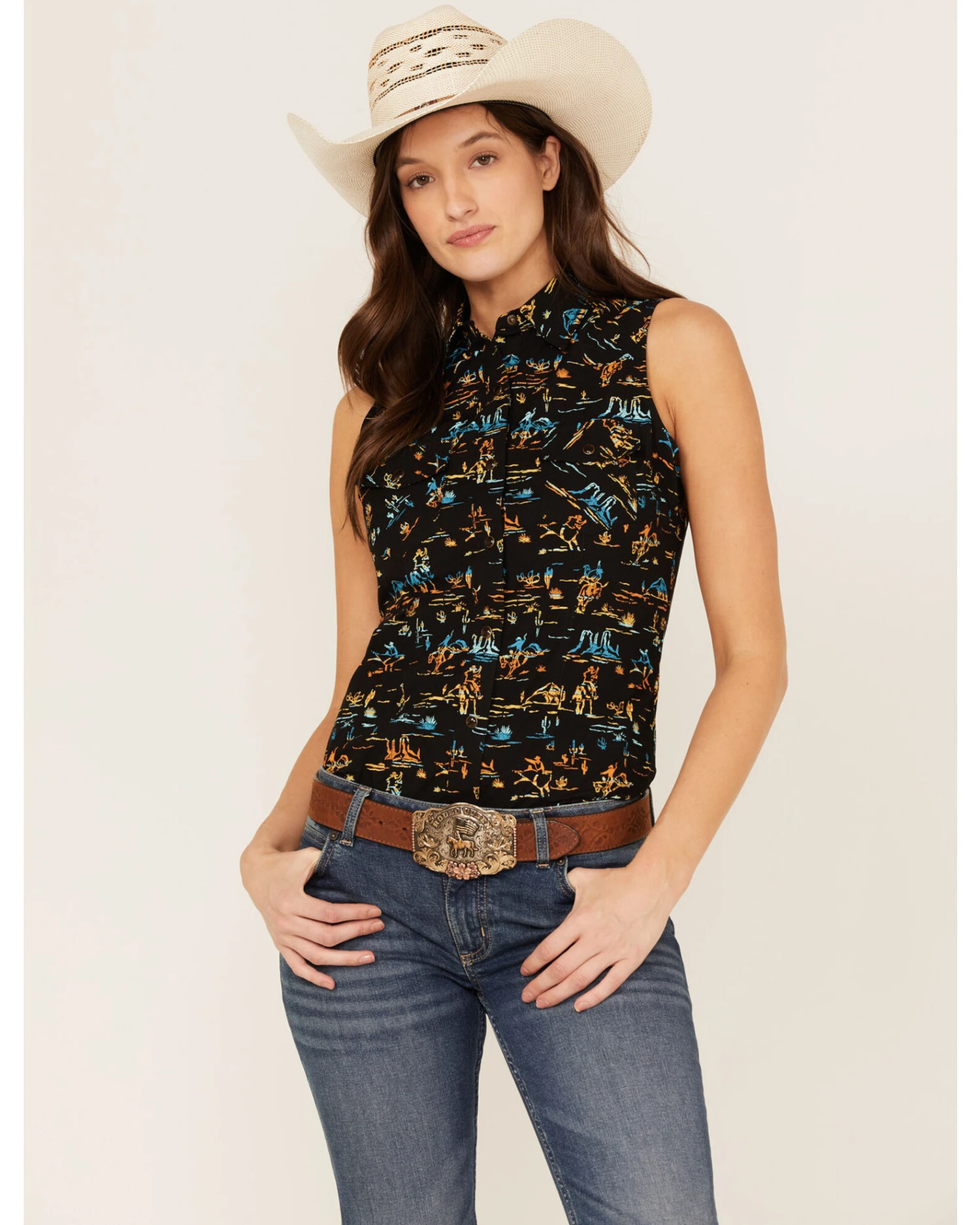Rock & Roll Denim Women's Desert Scene Print Sleeveless Work Shirt