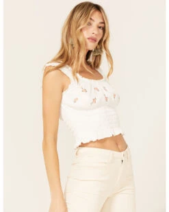 Jolt Women's Floral Embroidered Smocked Tank Top