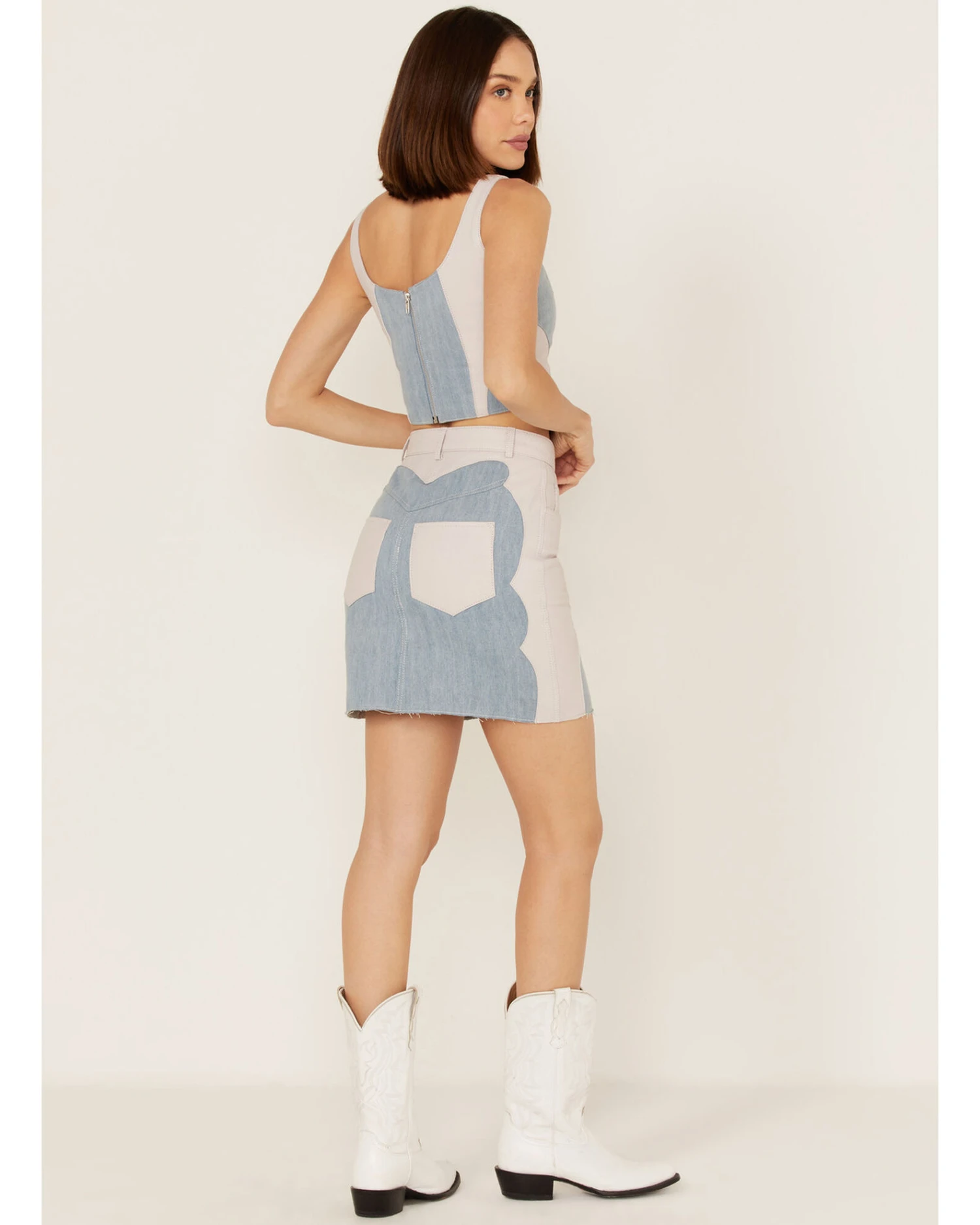 Understated Leather Women's Lil Mamma Scalloped Denim Leather Mini Skirt - Image 4