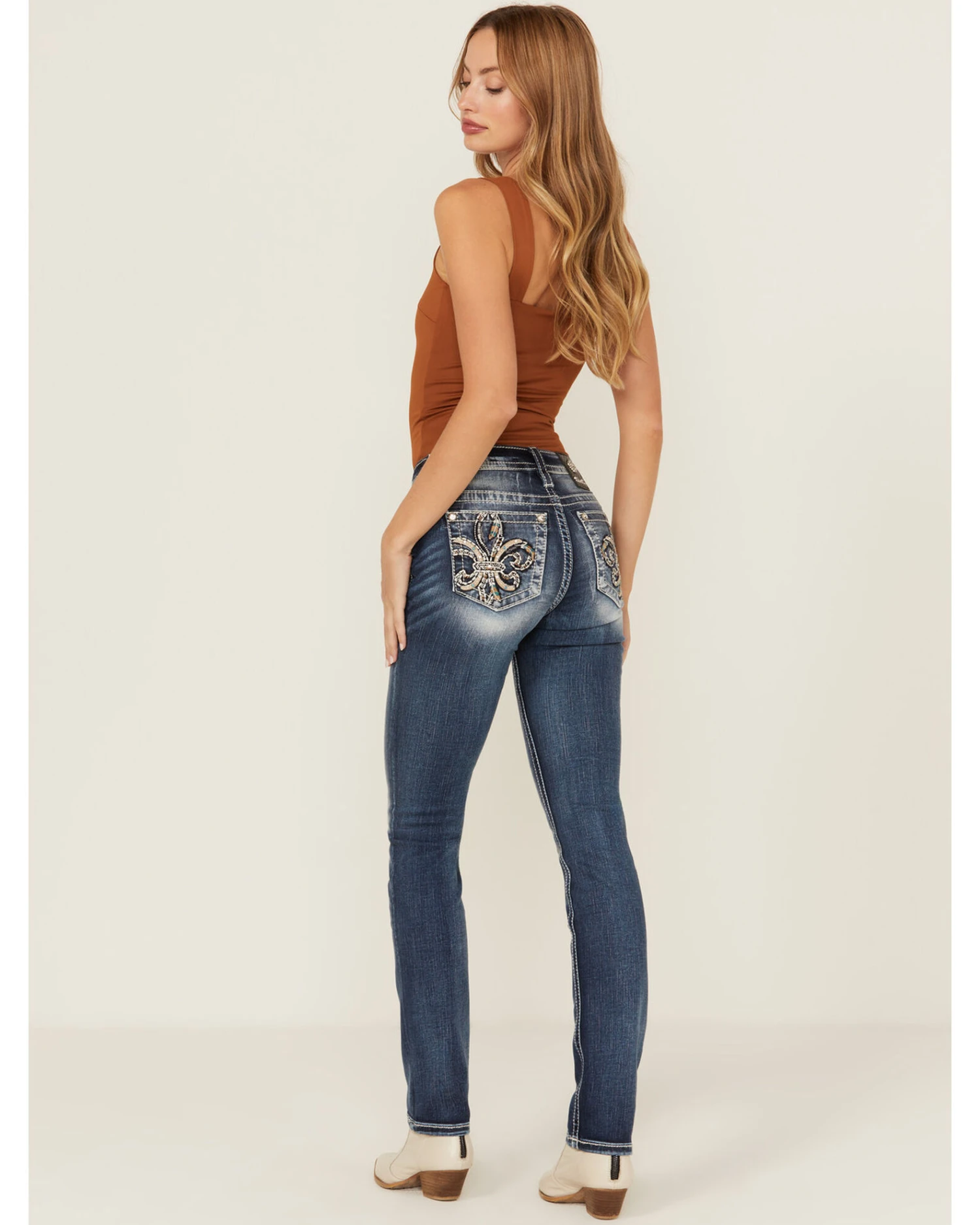 Miss Me Women's Dark Wash Mid Rise Embroidered Fleur De Lis Jeans