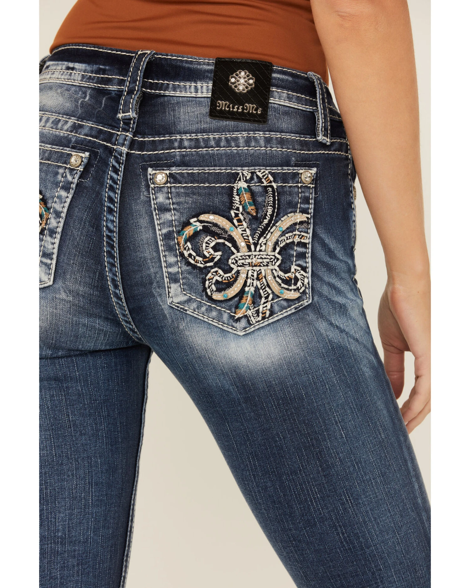 Miss Me Women's Dark Wash Mid Rise Embroidered Fleur De Lis Jeans - Image 2
