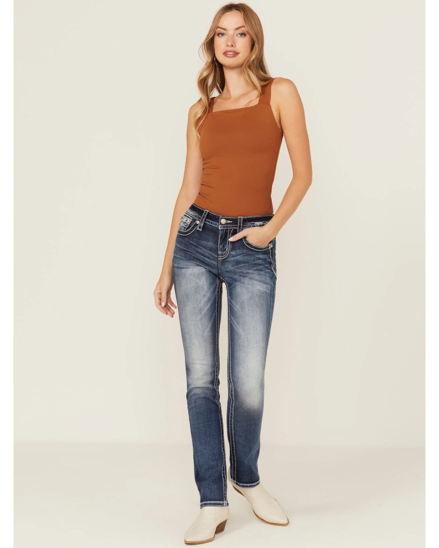 Miss Me Women's Dark Wash Mid Rise Embroidered Fleur De Lis Jeans - Image 3