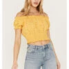 Cleo + Wolf Women's Knit Eyelet Smocked Crop Top