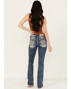 Miss Me Women's Dark Wash Mid Rise Double Horseshoe Stretch Bootcut Jeans