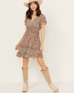 Angie Women's Flutter Sleeve Macrame Insert Floral Print Dress