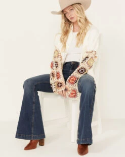 POL Women's Crochet Sleeve Long Sleeve Button Down Shacket